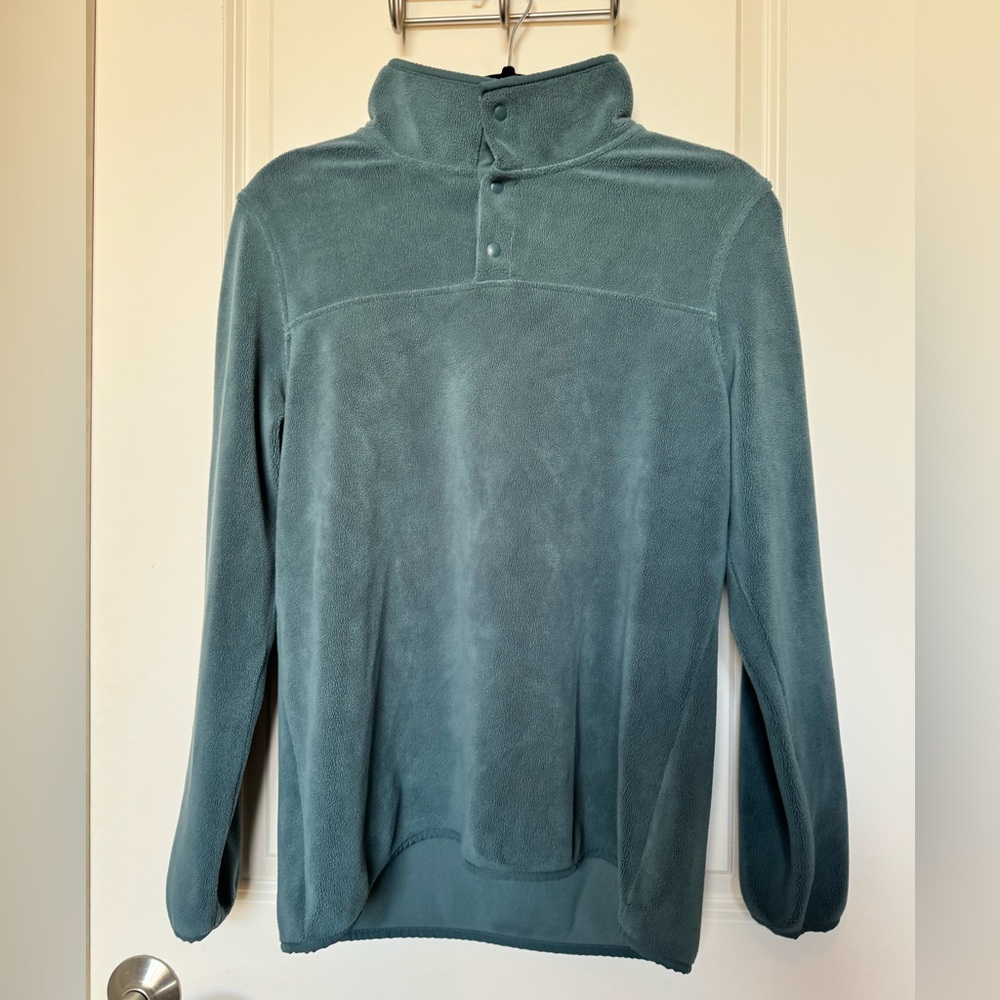 Teal fleece pull over, 3 button crew high neck sweater